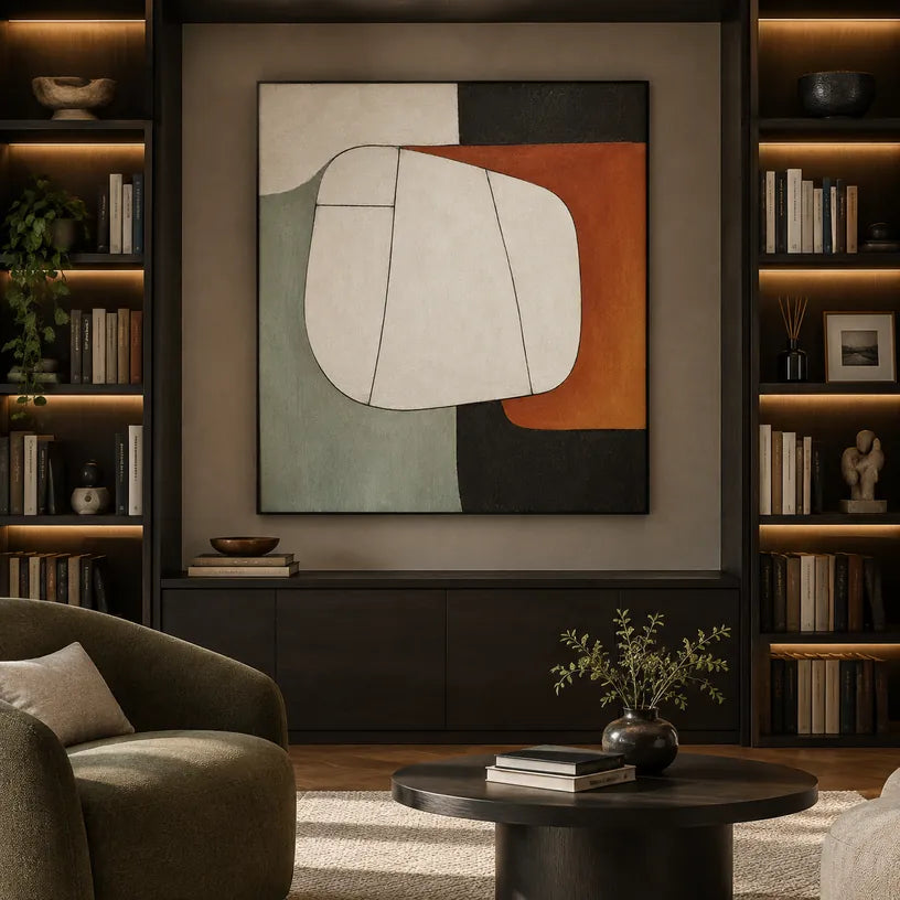 Pittura a olio astratta e concettuale minimalista con segni astratti stratificati, consistenza e movimento pittorico espressivo.
