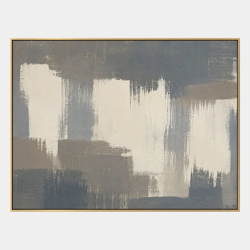 Minimalist abstract oil painting showing layered abstract marks, texture and expressive painterly movement in a grey palette.
