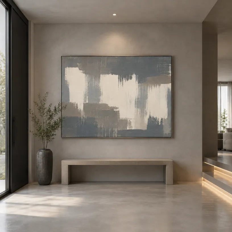 Minimalist abstract oil painting showing layered abstract marks, texture and expressive painterly movement in a grey palette.