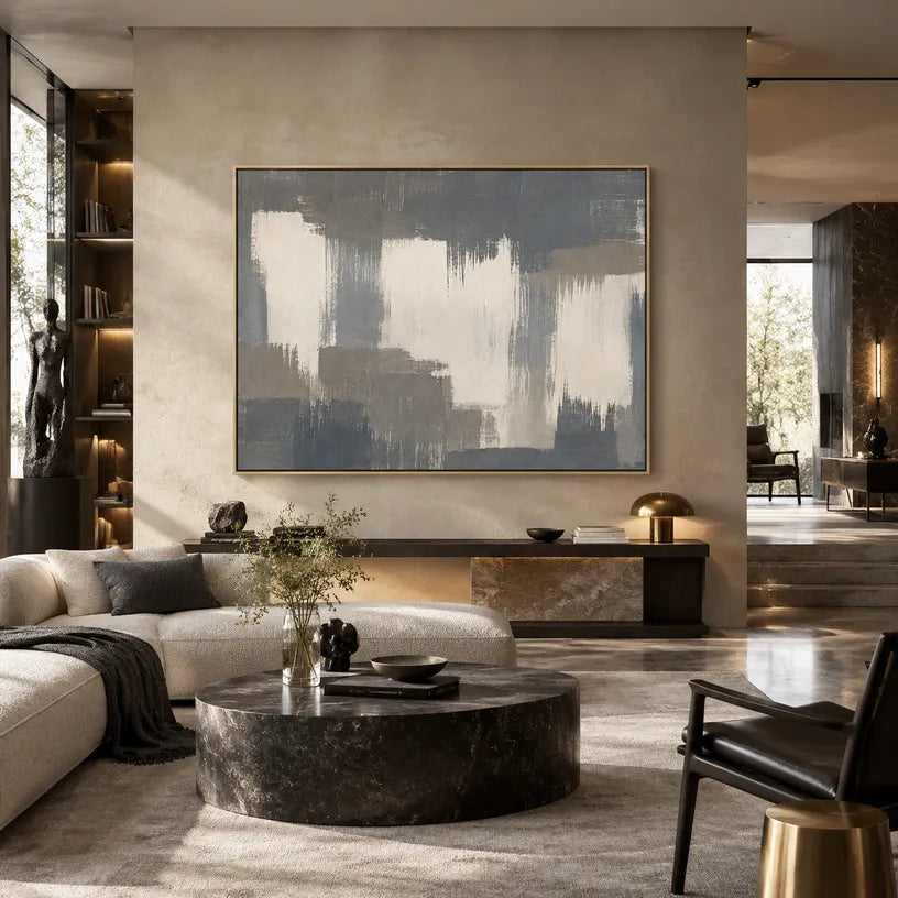 Minimalist abstract oil painting showing layered abstract marks, texture and expressive painterly movement in a grey palette.