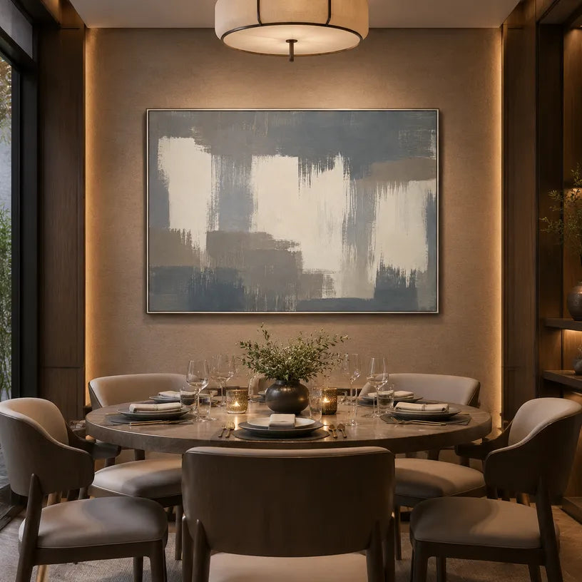Minimalist abstract oil painting showing layered abstract marks, texture and expressive painterly movement in a grey palette.