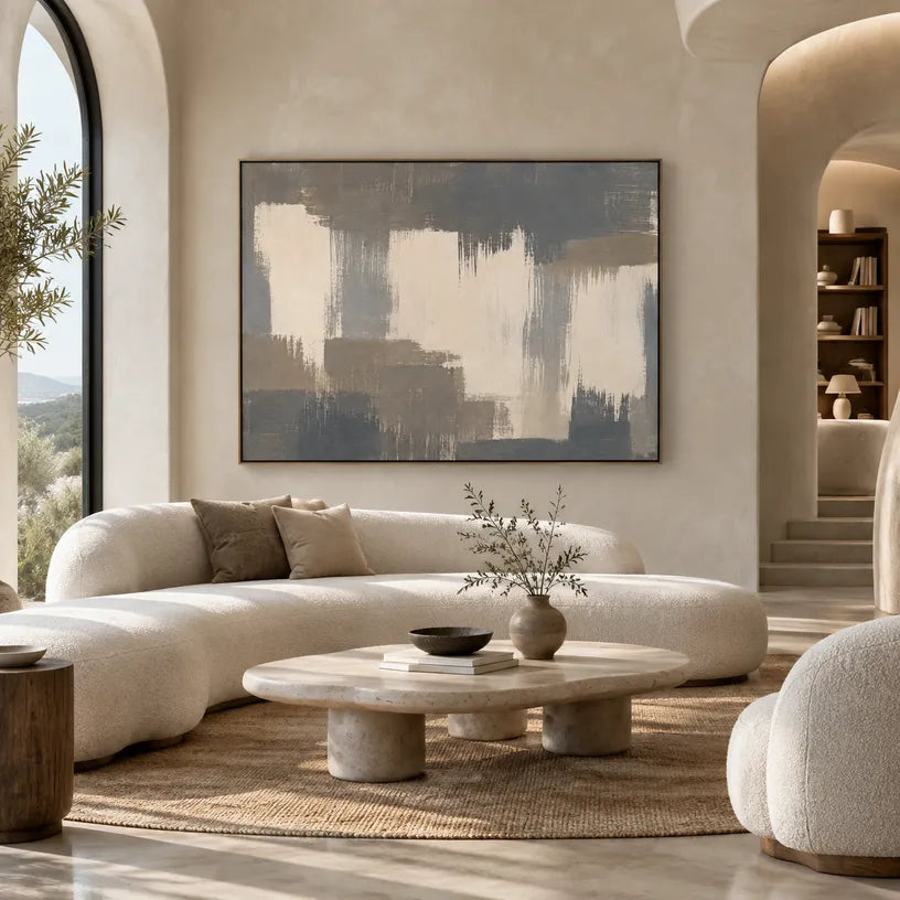 Minimalist abstract oil painting showing layered abstract marks, texture and expressive painterly movement in a grey palette.
