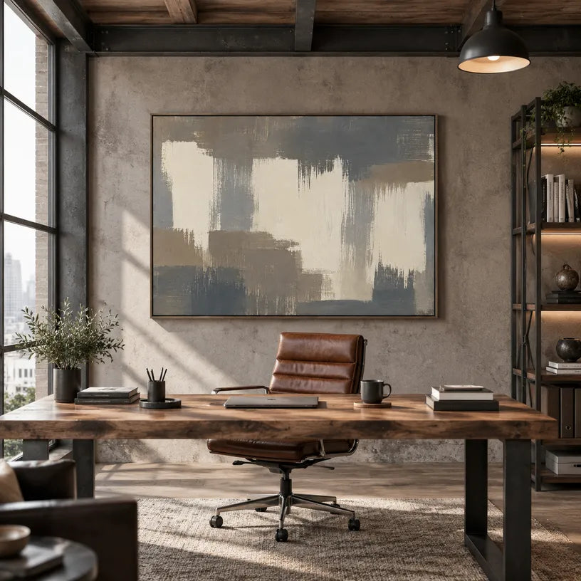 Minimalist abstract oil painting showing layered abstract marks, texture and expressive painterly movement in a grey palette.
