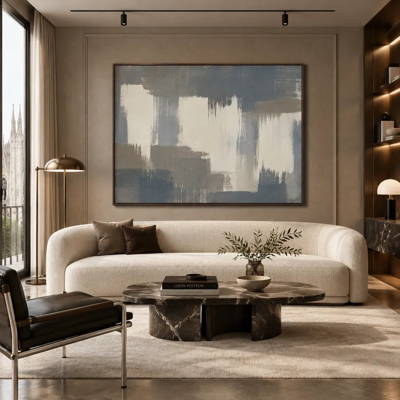 Minimalist abstract oil painting showing layered abstract marks, texture and expressive painterly movement in a grey palette.