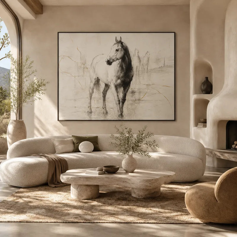 Minimalistisches Tierölgemälde mit einem ausdrucksstarken Tiermotiv, das mit sichtbarer Pinselführung in einer Beige-Palette wiedergegeben wurde.