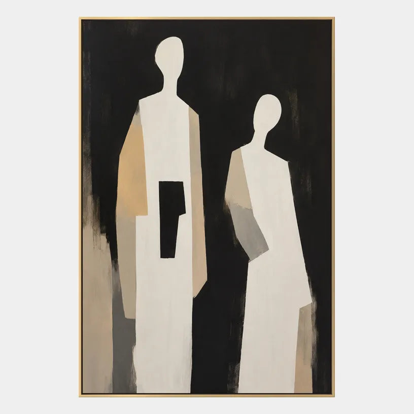 Minimalist portraiture & figure oil painting showing a stylized figure or portrait with expressive painterly shapes in a black palette.