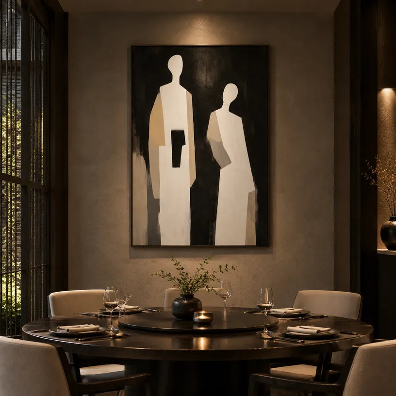 Minimalist portraiture & figure oil painting showing a stylized figure or portrait with expressive painterly shapes in a black palette.