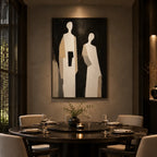 Minimalist portraiture & figure oil painting showing a stylized figure or portrait with expressive painterly shapes in a black palette.
