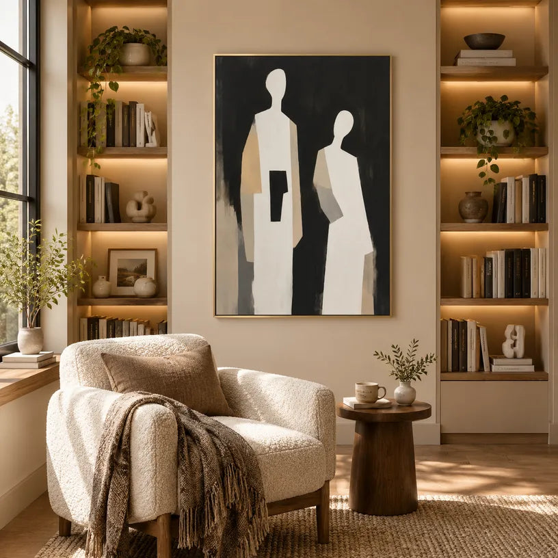 Minimalist portraiture & figure oil painting showing a stylized figure or portrait with expressive painterly shapes in a black palette.