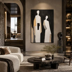 Minimalist portraiture & figure oil painting showing a stylized figure or portrait with expressive painterly shapes in a black palette.