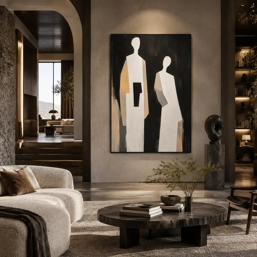 Minimalist portraiture & figure oil painting showing a stylized figure or portrait with expressive painterly shapes in a black palette.