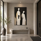 Minimalist portraiture & figure oil painting showing a stylized figure or portrait with expressive painterly shapes in a black palette.