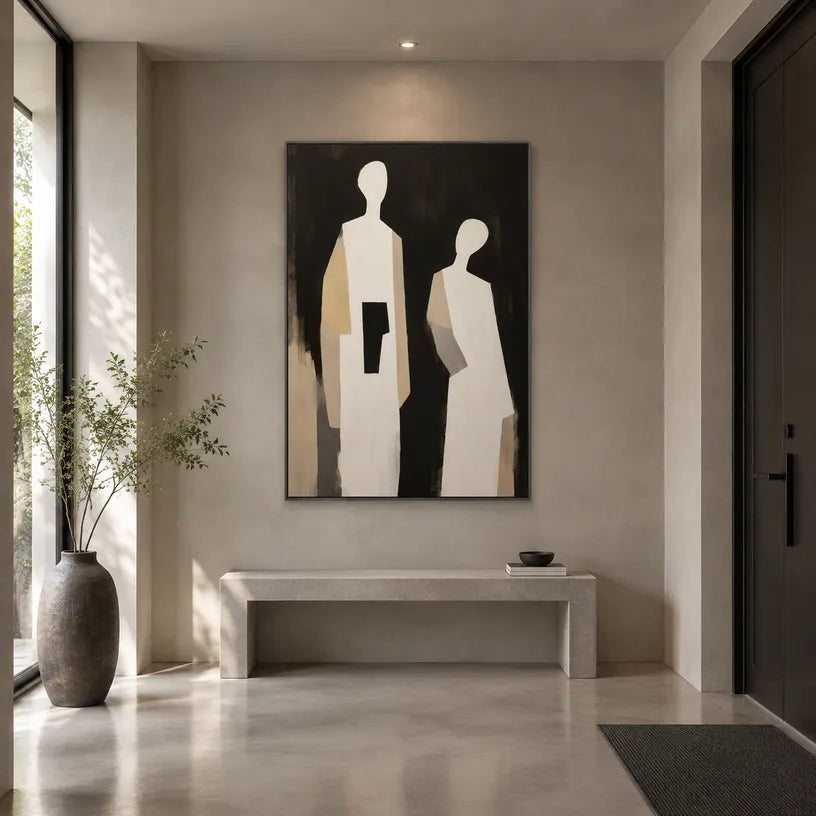 Minimalist portraiture & figure oil painting showing a stylized figure or portrait with expressive painterly shapes in a black palette.