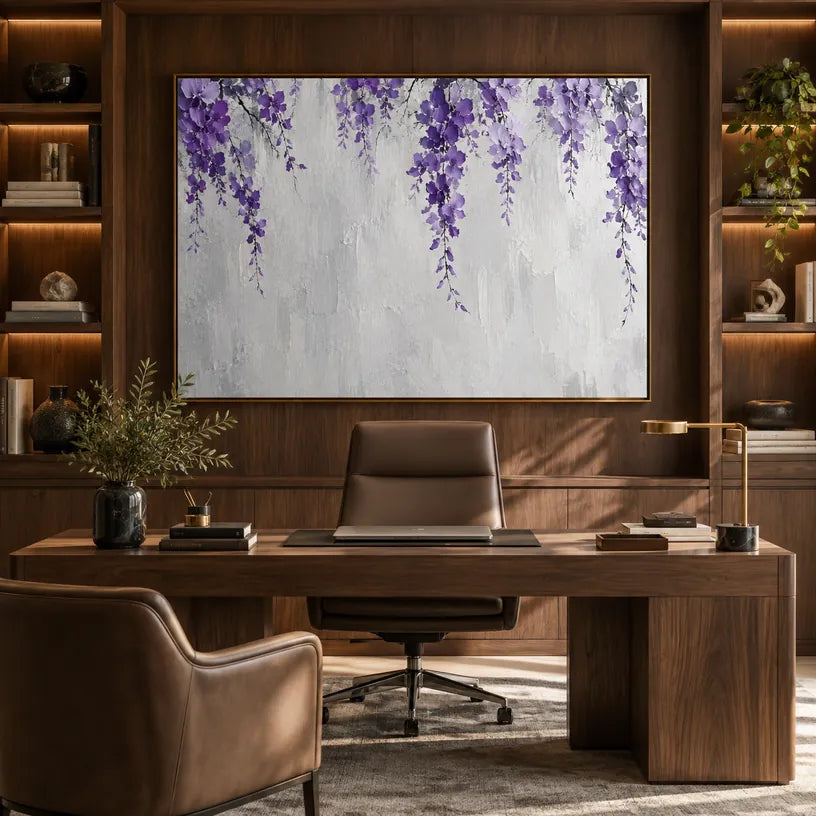 Pittura a olio minimalista floreale/botanica e naturalistica con forme botaniche, fiori o elementi naturali in una composizione pittorica in una tavolozza di grigi.