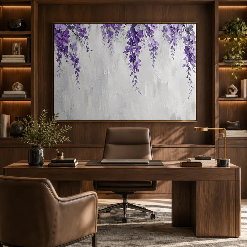 Pintura al óleo minimalista floral/botánica y natural con formas botánicas, flores o elementos naturales en una composición pictórica en una paleta gris.
