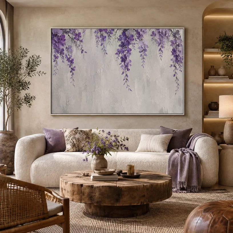 Pintura al óleo minimalista floral/botánica y natural con formas botánicas, flores o elementos naturales en una composición pictórica en una paleta gris.