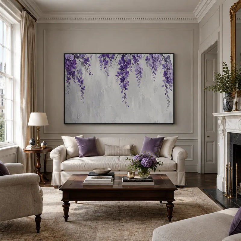 Pintura al óleo minimalista floral/botánica y natural con formas botánicas, flores o elementos naturales en una composición pictórica en una paleta gris.