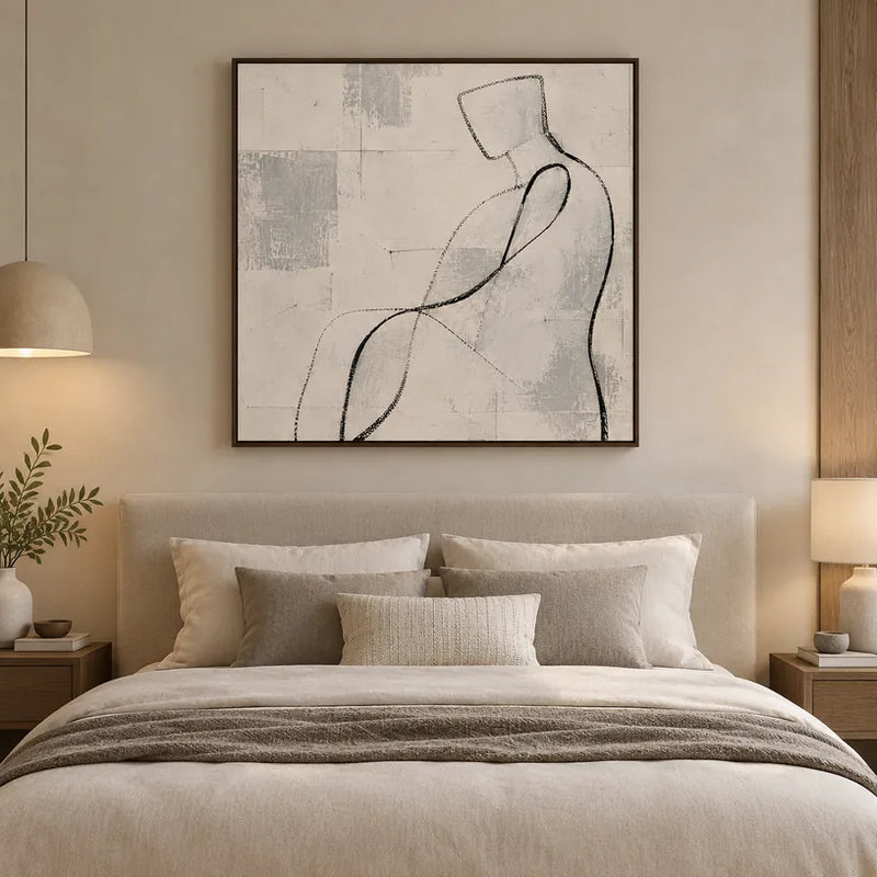 Retrato minimalista y pintura al óleo de figuras que presentan una figura o un retrato expresivo con detalles pictóricos en una paleta beige.