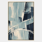 Minimalistisches abstraktes und konzeptuelles Ölgemälde mit geschichteten abstrakten Zeichen, Textur und ausdrucksstarker malerischer Bewegung in einer blauen Palette.