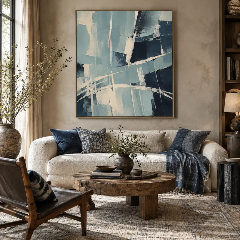 Minimalistisches abstraktes und konzeptuelles Ölgemälde mit geschichteten abstrakten Zeichen, Textur und ausdrucksstarker malerischer Bewegung in einer blauen Palette.