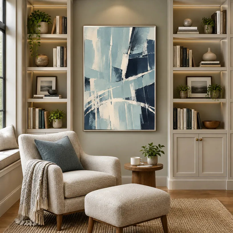 Minimalistisches abstraktes und konzeptuelles Ölgemälde mit geschichteten abstrakten Zeichen, Textur und ausdrucksstarker malerischer Bewegung in einer blauen Palette.