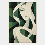 Ritrattistica minimalista e dipinto a olio con figure espressive o ritratti resi con dettagli pittorici in una tavolozza verde.