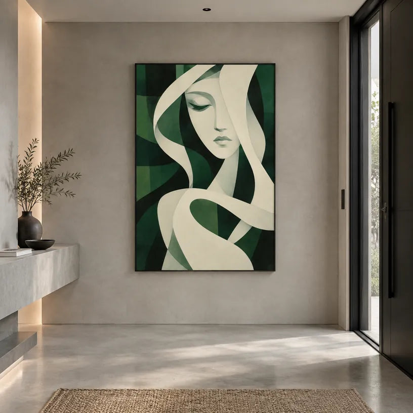 Ritrattistica minimalista e dipinto a olio con figure espressive o ritratti resi con dettagli pittorici in una tavolozza verde.