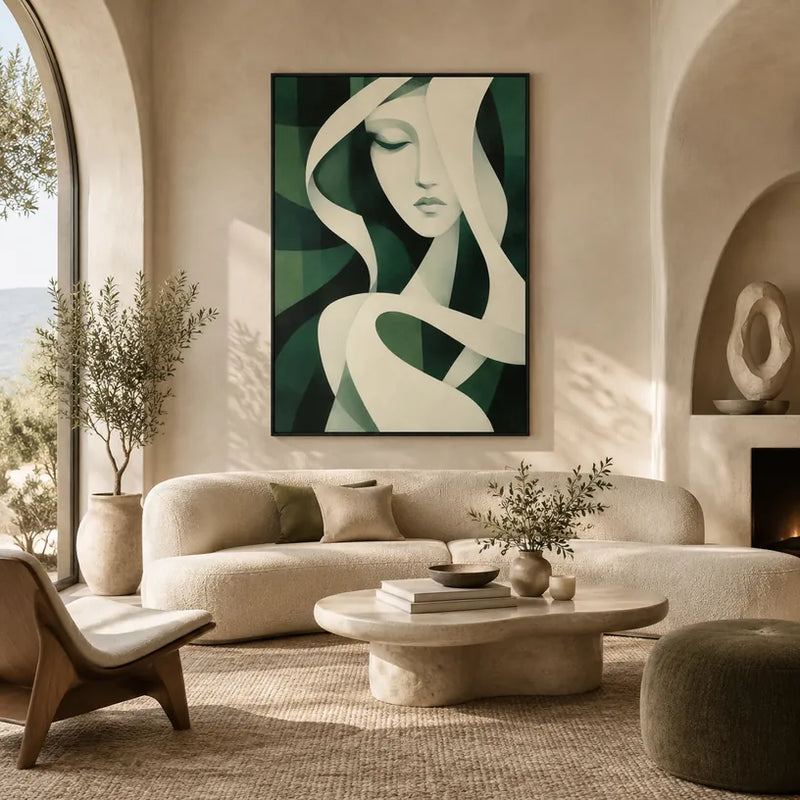 Ritrattistica minimalista e dipinto a olio con figure espressive o ritratti resi con dettagli pittorici in una tavolozza verde.