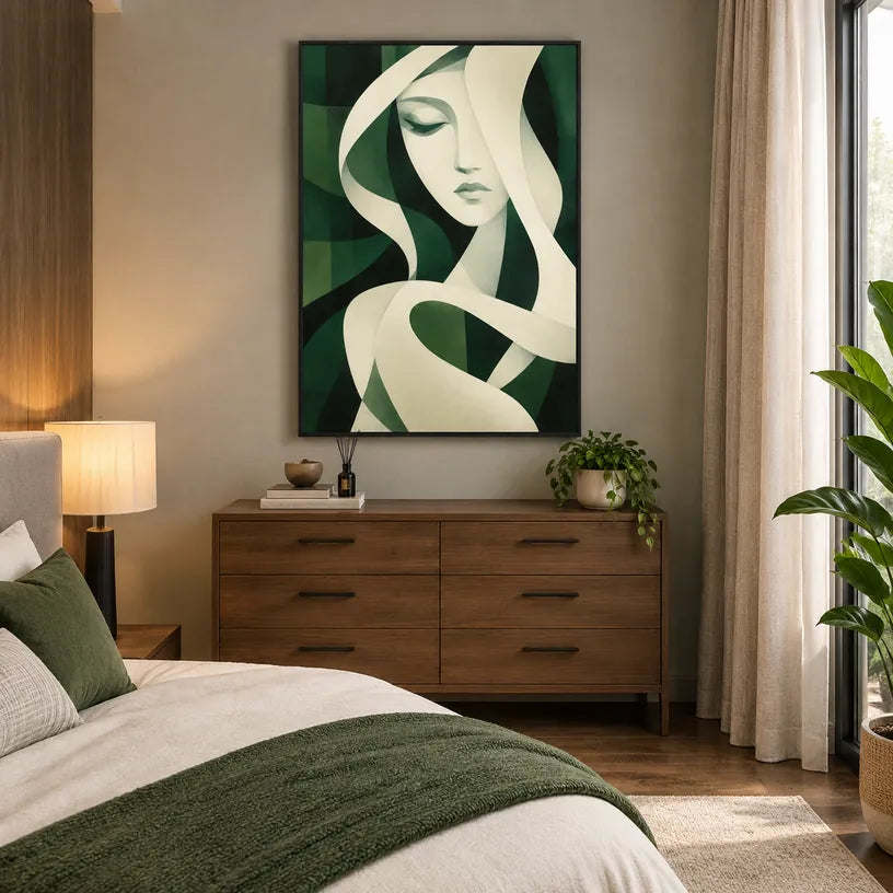 Ritrattistica minimalista e dipinto a olio con figure espressive o ritratti resi con dettagli pittorici in una tavolozza verde.