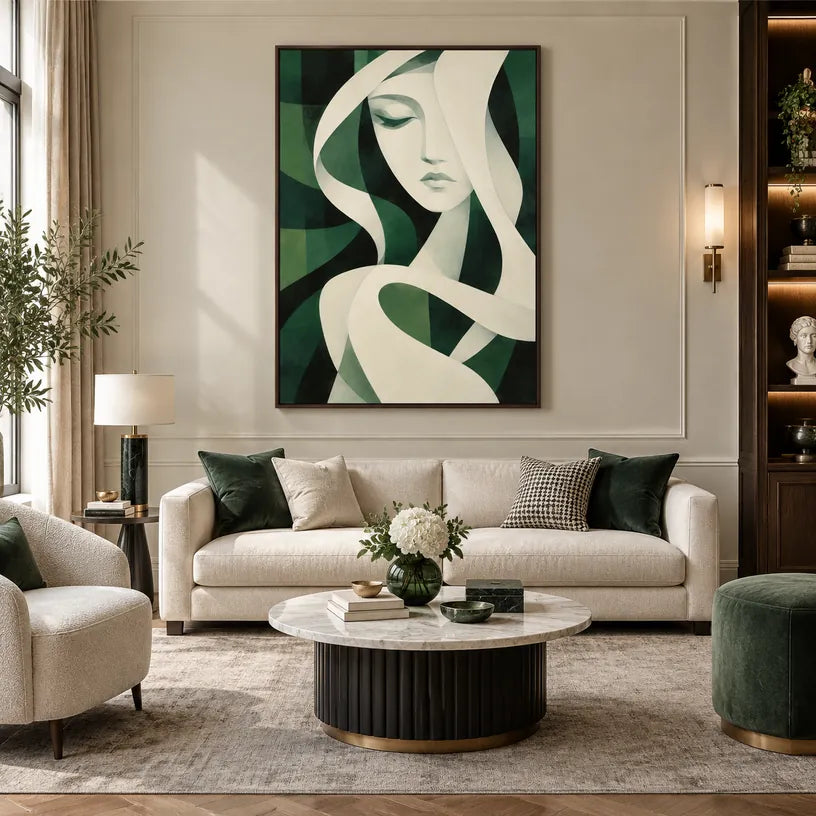 Ritrattistica minimalista e dipinto a olio con figure espressive o ritratti resi con dettagli pittorici in una tavolozza verde.