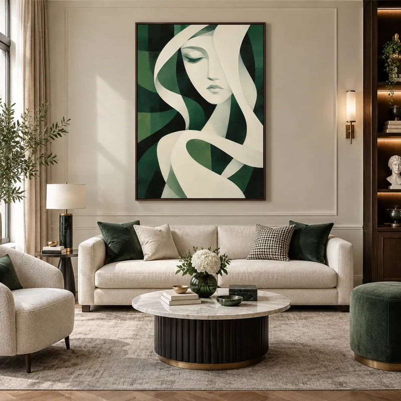 Ritrattistica minimalista e dipinto a olio con figure espressive o ritratti resi con dettagli pittorici in una tavolozza verde.
