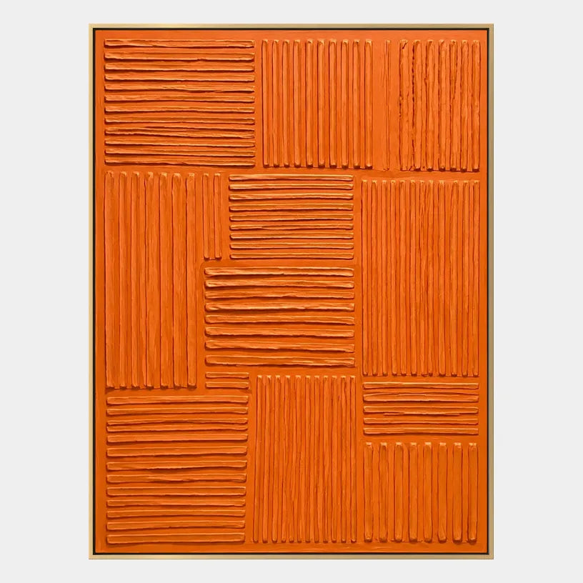 Minimalist abstract oil painting showing layered abstract marks, texture and expressive painterly movement in a orange palette.