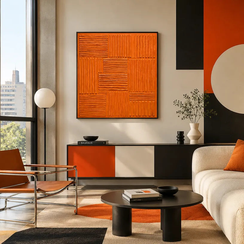Minimalist abstract oil painting showing layered abstract marks, texture and expressive painterly movement in a orange palette.