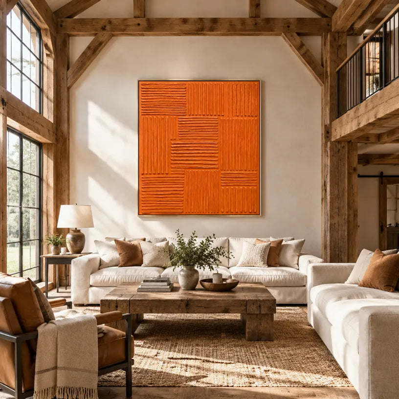 Minimalist abstract oil painting showing layered abstract marks, texture and expressive painterly movement in a orange palette.