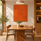 Minimalist abstract oil painting showing layered abstract marks, texture and expressive painterly movement in a orange palette.