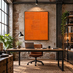 Minimalist abstract oil painting showing layered abstract marks, texture and expressive painterly movement in a orange palette.