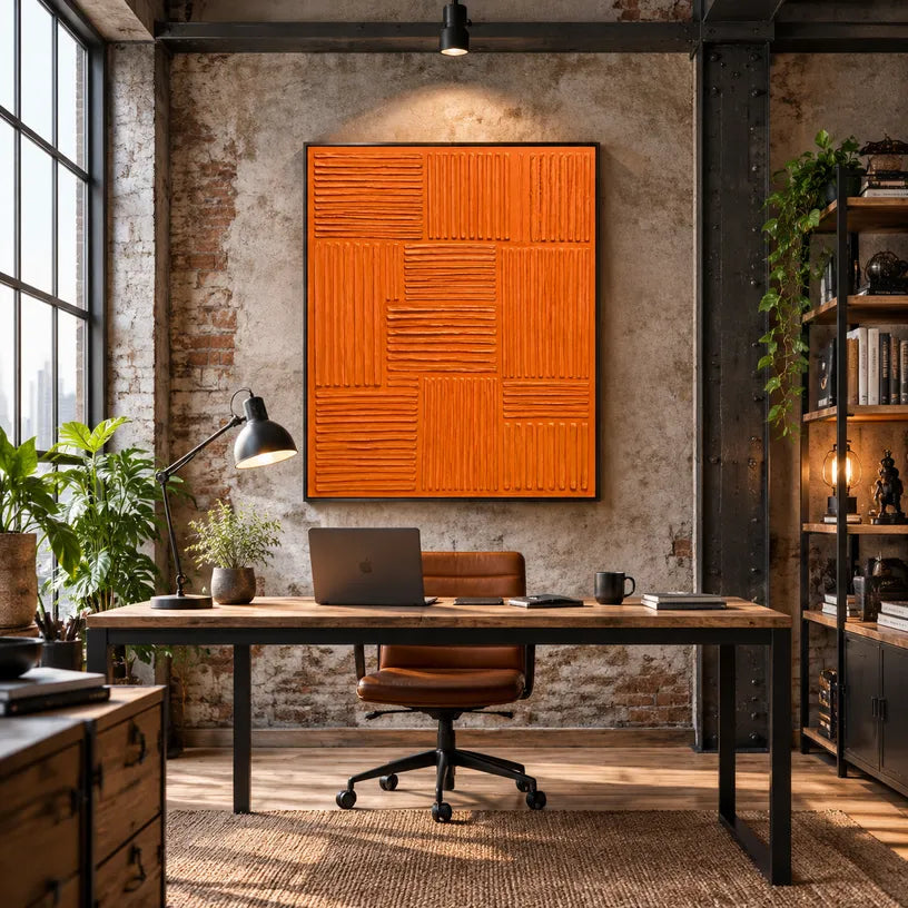 Minimalist abstract oil painting showing layered abstract marks, texture and expressive painterly movement in a orange palette.
