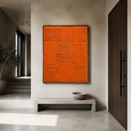 Minimalist abstract oil painting showing layered abstract marks, texture and expressive painterly movement in a orange palette.