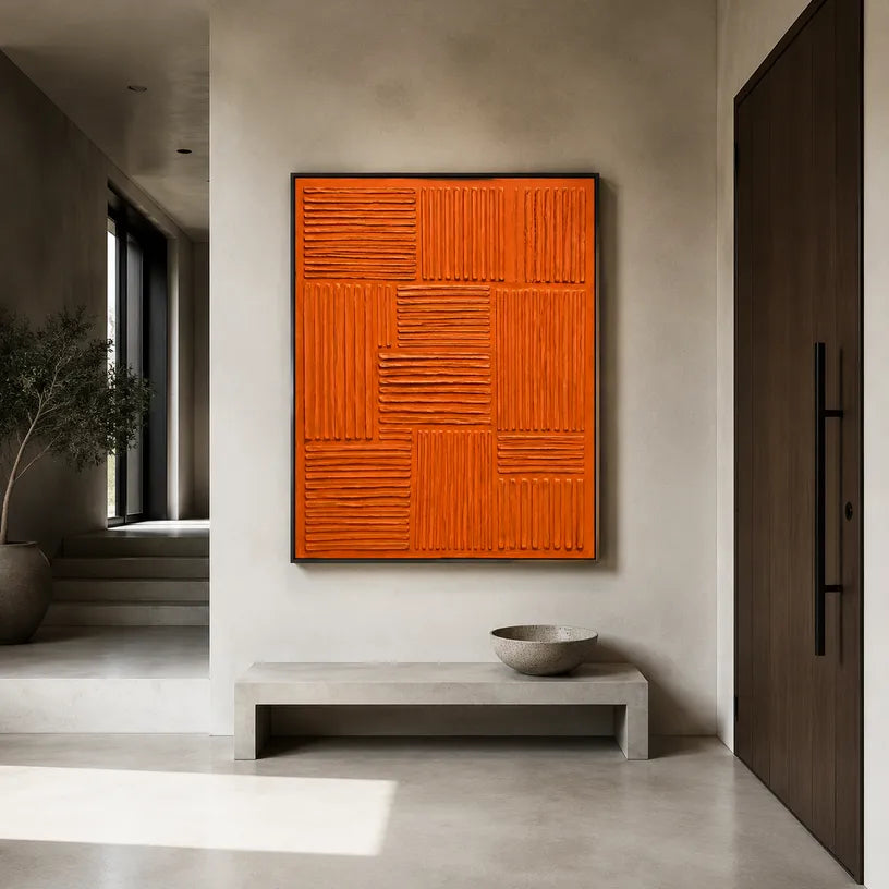 Minimalist abstract oil painting showing layered abstract marks, texture and expressive painterly movement in a orange palette.