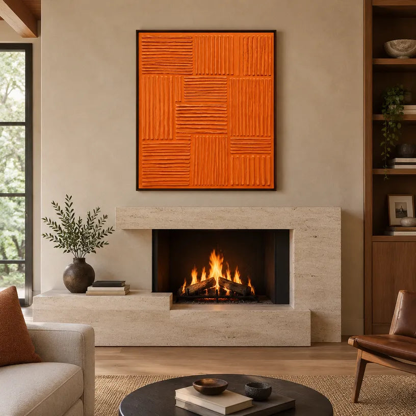 Minimalist abstract oil painting showing layered abstract marks, texture and expressive painterly movement in a orange palette.