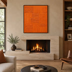 Minimalist abstract oil painting showing layered abstract marks, texture and expressive painterly movement in a orange palette.