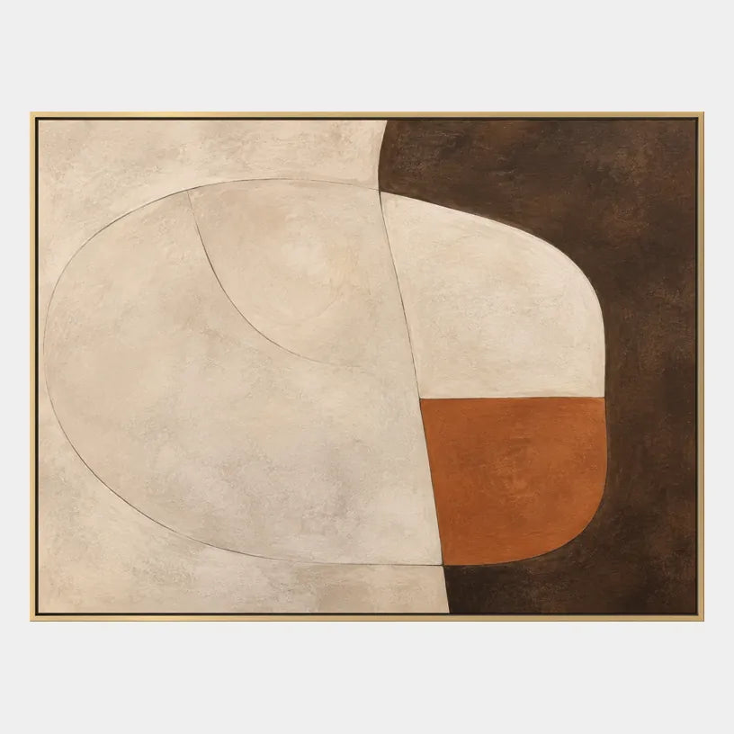 Pittura a olio minimalista astratta e concettuale con segni astratti stratificati, consistenza e movimento pittorico espressivo in una tavolozza beige.