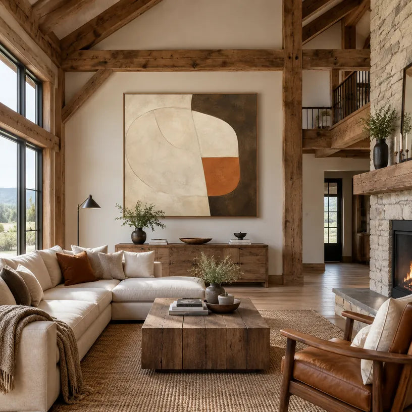 Pittura a olio minimalista astratta e concettuale con segni astratti stratificati, consistenza e movimento pittorico espressivo in una tavolozza beige.