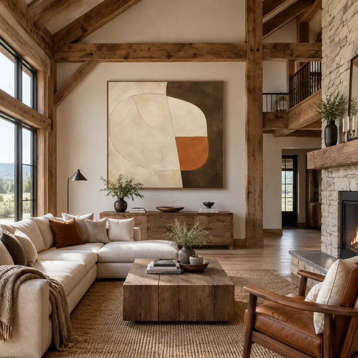 Pittura a olio minimalista astratta e concettuale con segni astratti stratificati, consistenza e movimento pittorico espressivo in una tavolozza beige.