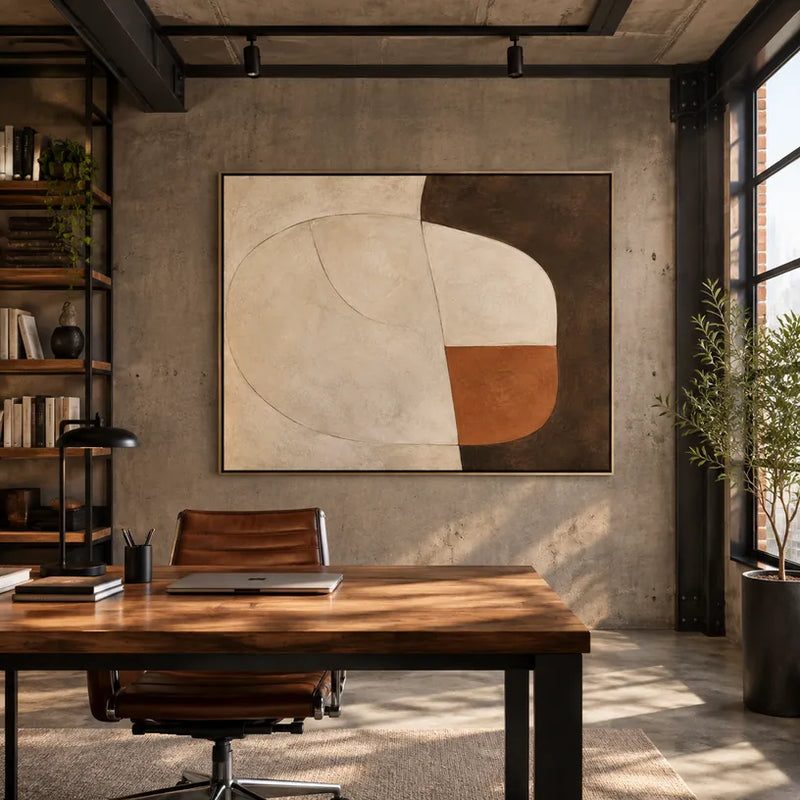 Pittura a olio minimalista astratta e concettuale con segni astratti stratificati, consistenza e movimento pittorico espressivo in una tavolozza beige.