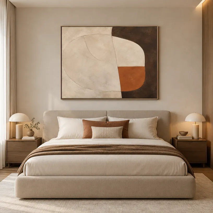 Pittura a olio minimalista astratta e concettuale con segni astratti stratificati, consistenza e movimento pittorico espressivo in una tavolozza beige.