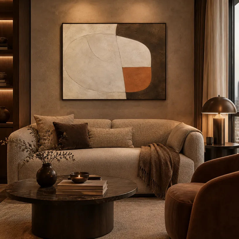 Pittura a olio minimalista astratta e concettuale con segni astratti stratificati, consistenza e movimento pittorico espressivo in una tavolozza beige.