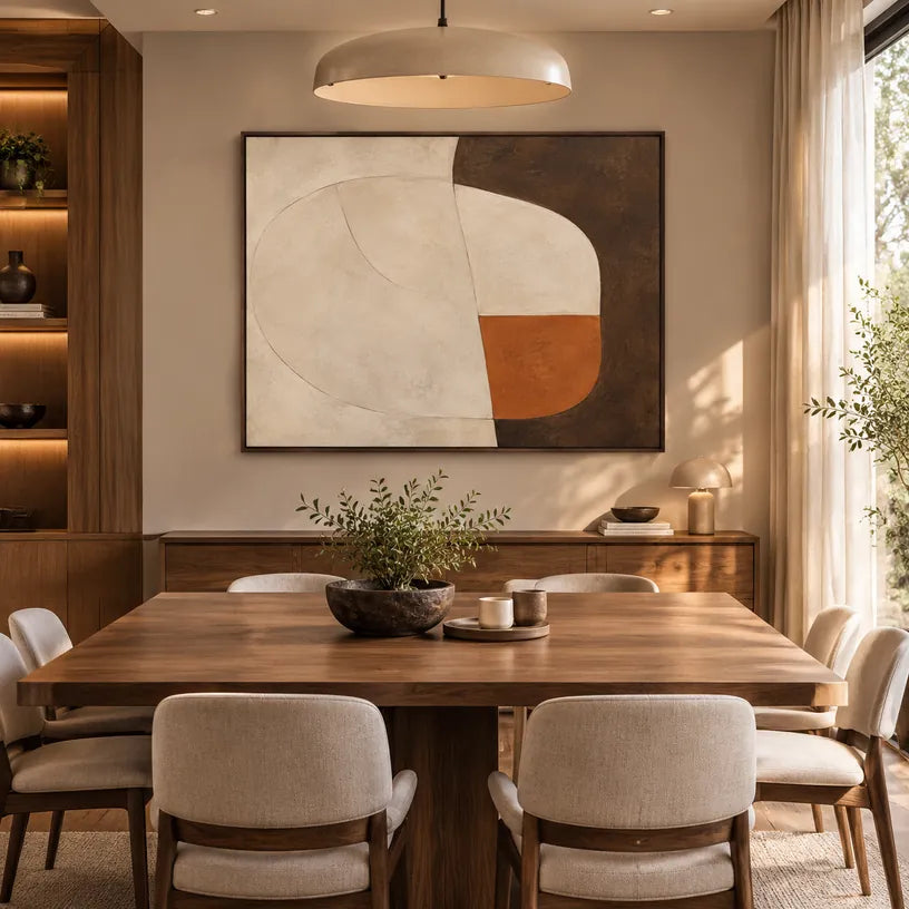 Pittura a olio minimalista astratta e concettuale con segni astratti stratificati, consistenza e movimento pittorico espressivo in una tavolozza beige.
