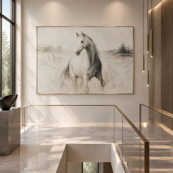 Dipinto a olio con animali minimalisti che presenta un soggetto animale espressivo reso con pennellate visibili in una tavolozza beige.