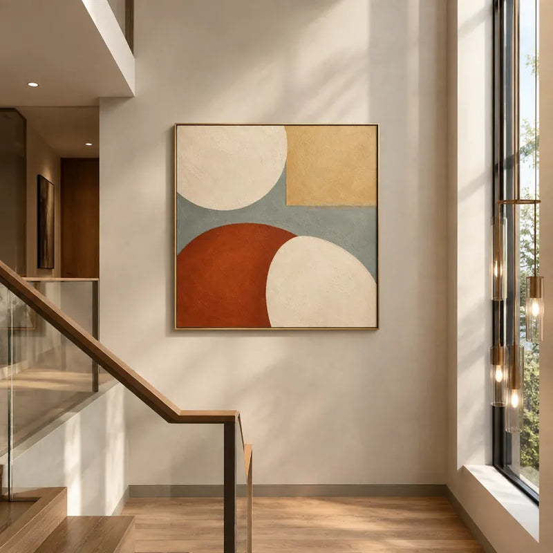Pintura al óleo minimalista abstracta y conceptual que presenta marcas abstractas en capas, textura y movimiento pictórico expresivo en una paleta beige.